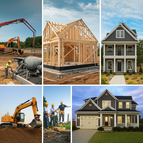 Illustration showcasing the different phases of residential construction, from site preparation to final handover, highlighting the role of a residential building contractor.