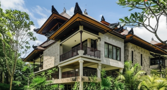 Modern building in Bali showcasing resilient architecture, incorporating traditional elements and designed to withstand tropical weather conditions.