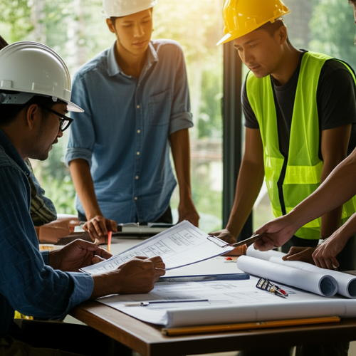 Team collaborating on scope definition for a construction project in Bali.