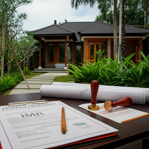 Illustration of a Balinese villa under construction with legal documents and an IMB permit, symbolizing the importance of legal compliance in Bali villa construction.