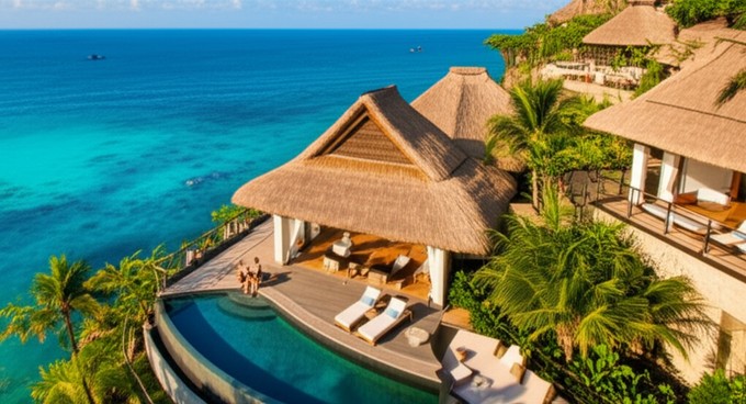 Exterior view of Serenity Shores Eco-Resort in Uluwatu, a sustainable luxury retreat in Bali with ocean views.