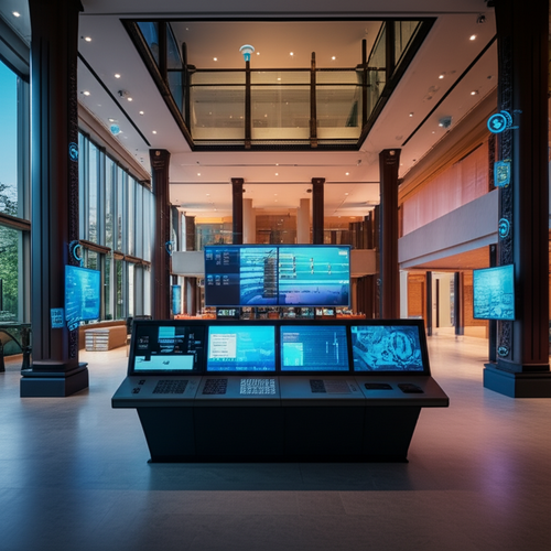 Illustration of smart building technologies in a modern Bali building, showcasing interconnected systems for lighting, climate control, and security.