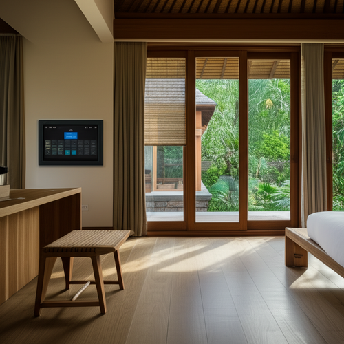 Interior of a modern Balinese villa with smart window technology, showcasing automated shading and integration with a smart home system.