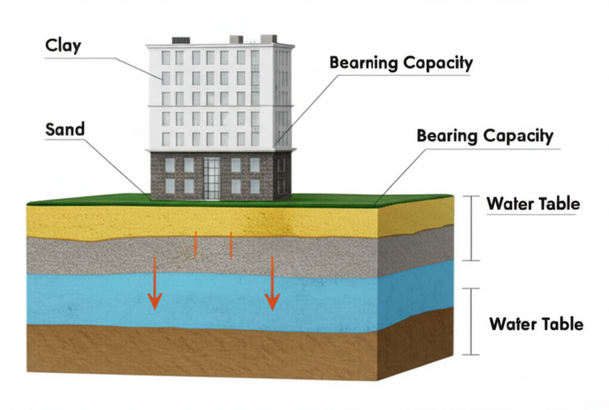 Illustration showing soil layers and how they affect foundation design, highlighting factors like bearing capacity, settlement, and water table.