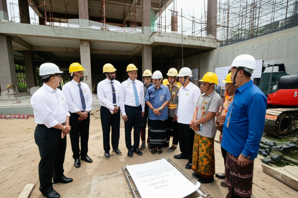 Illustration of diverse stakeholders collaborating on a construction project in Bali, emphasizing communication and respect.