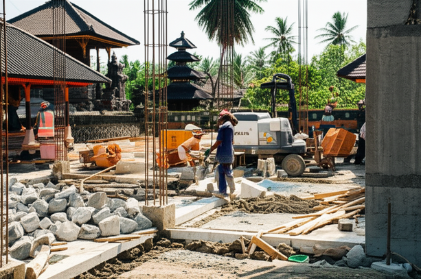 Construction site in Bali showing a mix of local and imported materials, illustrating strategic sourcing and procurement.