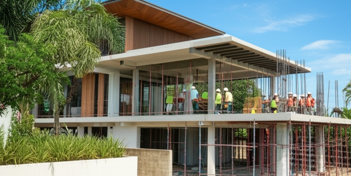 Architectural rendering of a modern villa under construction in Bali, showcasing the benefits of working with a single general contractor.