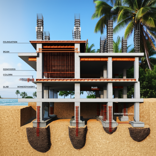 Diagram illustrating structural components of a building, including foundation, columns, beams, and slab, emphasizing the importance of structural integrity in Bali.