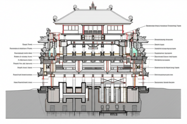 Diagram illustrating moment-resisting frames, shear walls, bracing systems, and foundation design in a building in Bali, designed for earthquake resistance. Traditional Balinese architectural elements are integrated.