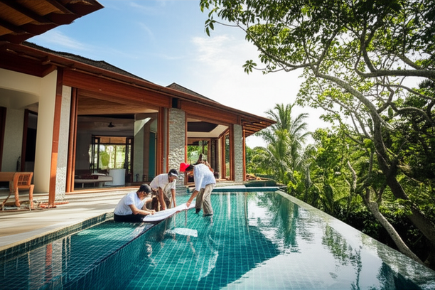 Architectural rendering of a modern Balinese villa under construction, showcasing a successful general contractor's work.