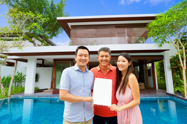 A happy couple smiling proudly in front of their beautiful, newly completed luxury villa in Bali, with an infinity pool and tropical gardens, symbolizing the successful handover and legal occupancy.
