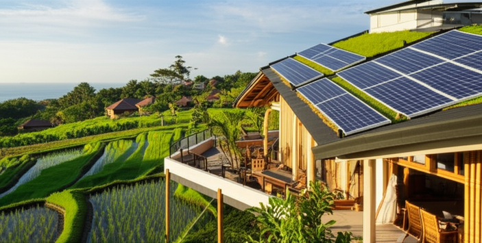 Sustainable building integrating with the natural landscape in Bali, showcasing eco-friendly architecture and green technologies.