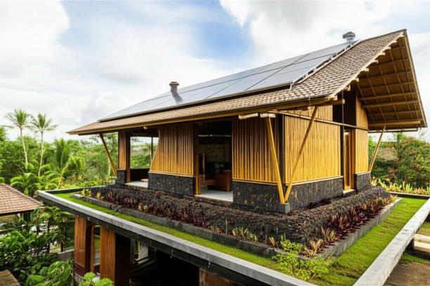 A sustainable building in Bali, showcasing eco-friendly materials, solar panels, and rainwater harvesting, blending seamlessly with the tropical environment.