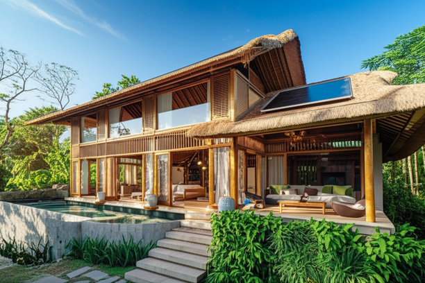 Eco-friendly villa in Bali built with sustainable materials, blending with the natural landscape.