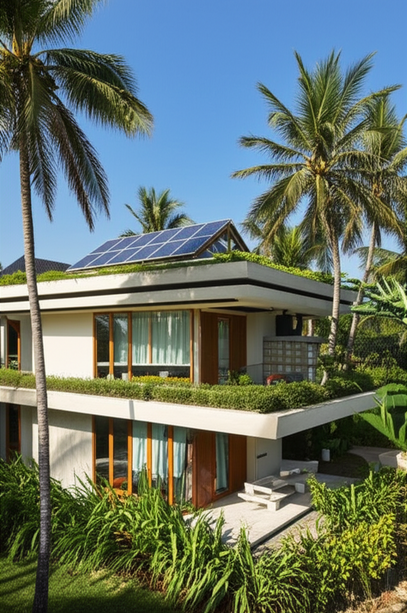 Architectural rendering of a sustainable villa in Bali, showcasing passive cooling, rainwater harvesting, solar panels, and a green roof.