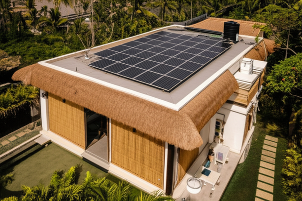 A modern Bali villa showcasing sustainable design and smart home technology, including solar panels, a bamboo roof, and lush tropical landscaping.