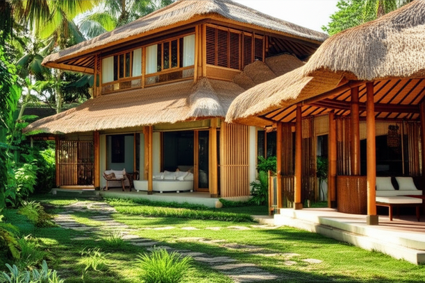 A beautiful Bali villa constructed using sustainable materials like bamboo and thatch, showcasing eco-friendly design and integration with the tropical landscape.