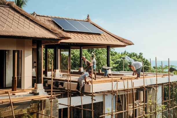 Construction of a sustainable Bali villa, showcasing eco-friendly materials and design.