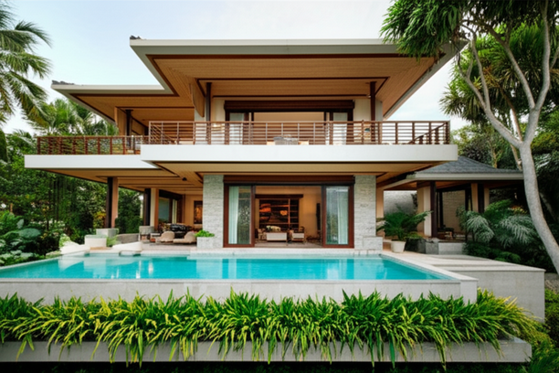 Architectural rendering of a sustainable Balinese villa, highlighting integration with nature and sustainable design principles.