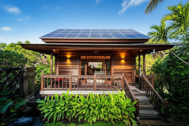 Sustainable Bali villa design showcasing eco-friendly features like reclaimed wood, solar panels, and native plants.