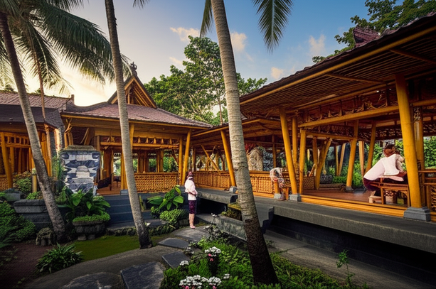 Illustration of a Balinese building incorporating sustainable design elements and traditional architecture.