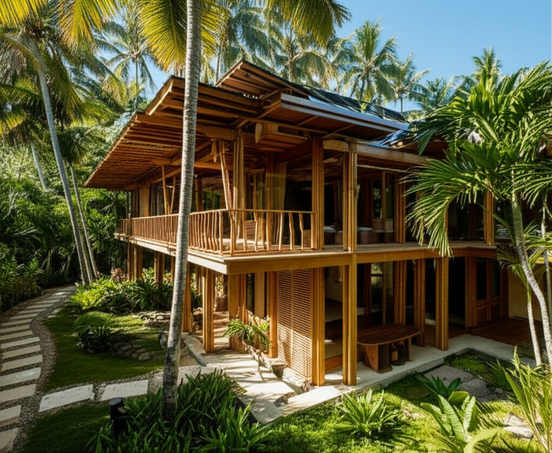 Architectural rendering of a sustainable building in Bali made with bamboo and timber, demonstrating eco-friendly design.