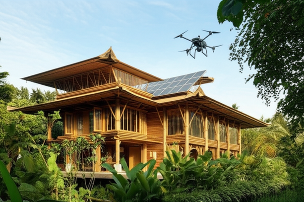 Illustration of a sustainable building in Bali, incorporating bamboo, natural ventilation, and rainwater harvesting, demonstrating eco-friendly design and community integration.