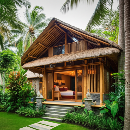 A sustainable building in Bali featuring bamboo, reclaimed wood, and natural stone, surrounded by lush tropical vegetation.