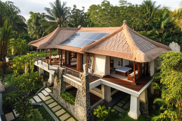 A sustainable Balinese villa with a thatched roof, solar panels, and tropical landscaping, showcasing eco-friendly design.