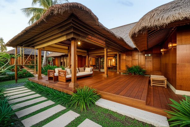 A Balinese villa showcasing sustainable building materials such as bamboo, teak, and coconut wood.