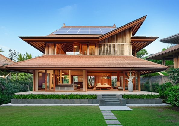 A Balinese villa showcasing sustainable design features, including bamboo construction, solar panels, and a lush garden.