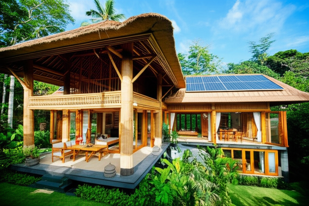 A modern Balinese villa built with sustainable materials like bamboo, reclaimed timber, and volcanic stone, blending seamlessly with its lush, tropical surroundings.