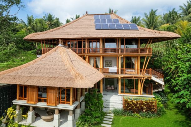 Architectural rendering of a sustainable Balinese villa showcasing eco-friendly materials and design.