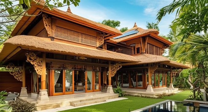 Architectural rendering of a sustainable Balinese villa, showcasing eco-friendly design and integration with nature.