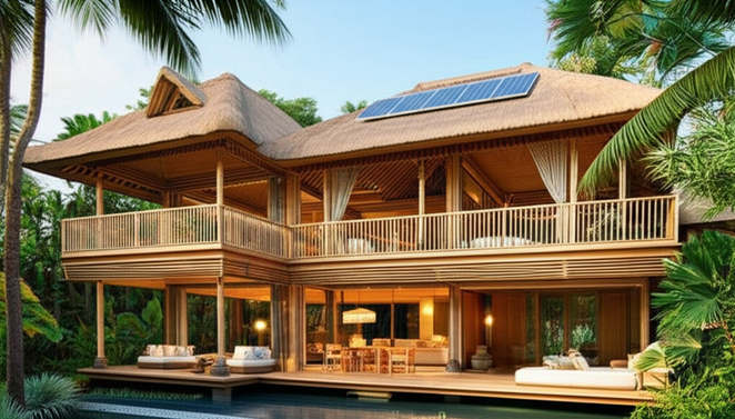 Architectural rendering of a sustainable Balinese villa, showcasing a blend of traditional design with modern, eco-friendly elements like bamboo, solar panels, and integrated smart home technology.