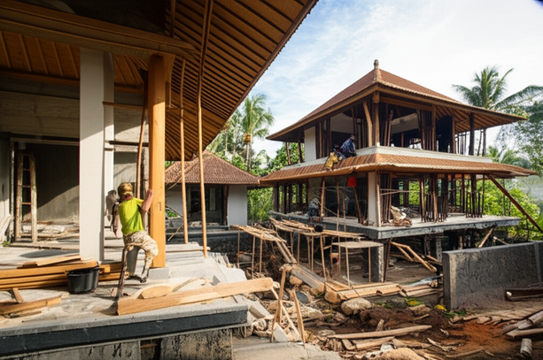 Construction of a sustainable Balinese villa, showcasing local artisans and eco-friendly building materials.