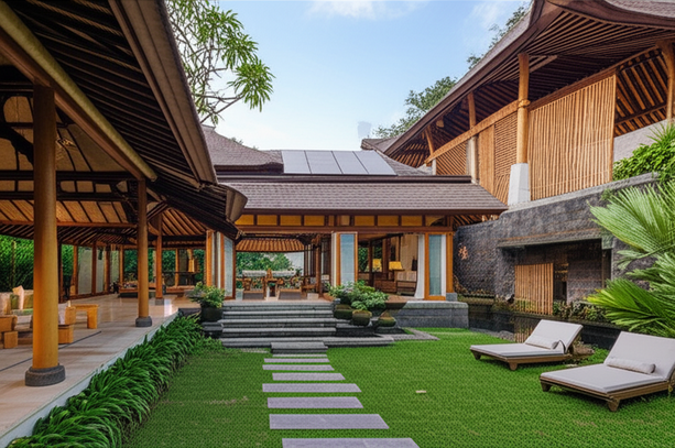 A luxurious and sustainable Balinese villa design showcasing open-air pavilions, natural ventilation, and eco-friendly features.