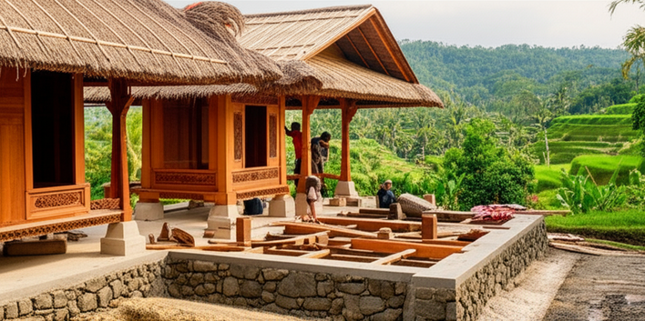 Illustration of a Balinese house being built with sustainable materials, showcasing traditional craftsmanship and integration with the natural environment.