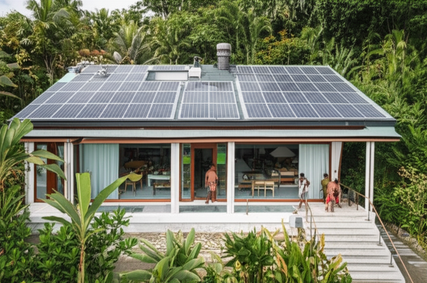 An eco-friendly building in Bali showcasing sustainable design with solar panels and rainwater harvesting, integrated into the natural environment.
