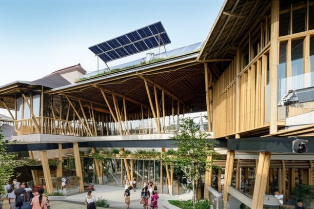 Rendering of a sustainable commercial building in Bali, showcasing eco-friendly materials and green technologies.