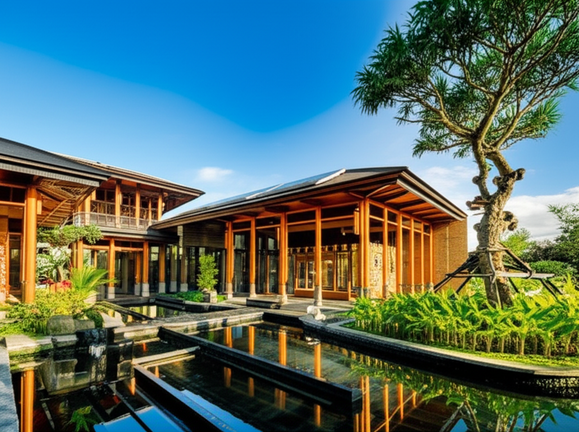 Architectural rendering of a sustainable commercial building in Bali, blending traditional Balinese design with modern sustainable technologies.