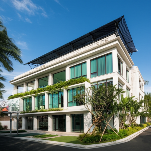 A modern, sustainable commercial building in Bali, showcasing energy-efficient design and integration with nature.