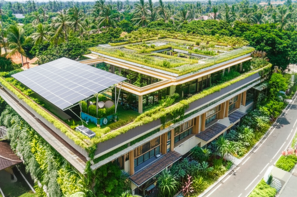 Rendering of a sustainable commercial building in Bali, showcasing eco-friendly design and integration with the natural landscape.