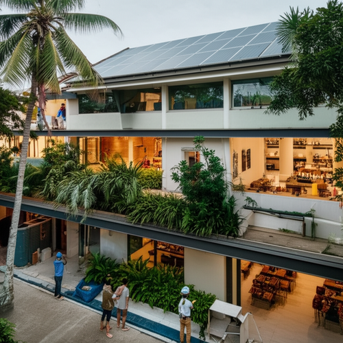 Sustainable commercial building renovation in Bali featuring solar panels, local plants, and energy-efficient lighting.