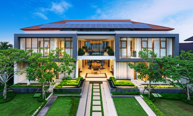 Illustration of a commercial building in Bali showcasing sustainable renovation features: solar panels, green landscaping, and modern design.
