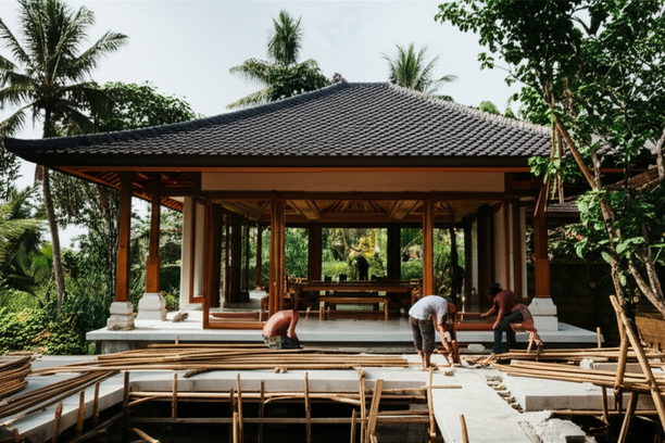 Modern villa construction in Bali, showcasing sustainable building practices and eco-friendly materials like bamboo and natural stone.