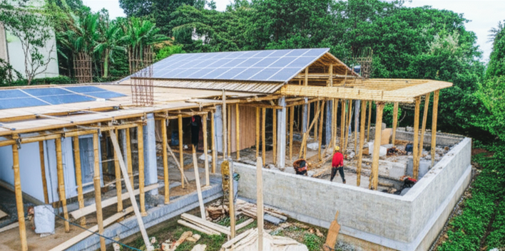 Architectural rendering of a Balinese villa under construction, showcasing sustainable building practices, solar panels, and a focus on quality assurance and regulatory compliance.