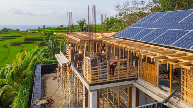 Sustainable construction project in Bali showcasing eco-friendly building practices.