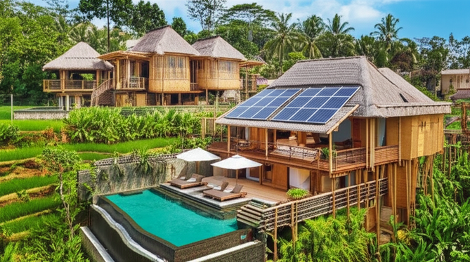 A sustainable eco-resort in Bali, showcasing green building practices and integration with the natural environment.