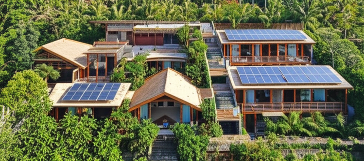 Architectural rendering of a sustainable eco-resort in Bali, showcasing eco-friendly building practices and integration with the natural environment.